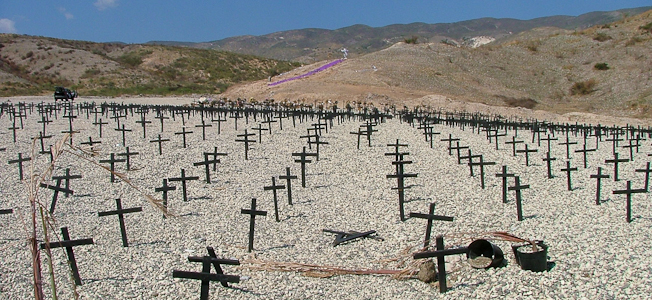 Crosses mark St. Christopher's mass grave. A mass grave outside of Port au Prince where thousands of Haitians are now buried.